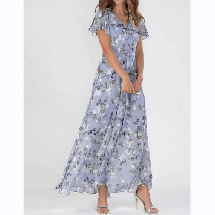 Women's V Neck Floral Short Sleeves Dress | Midi
