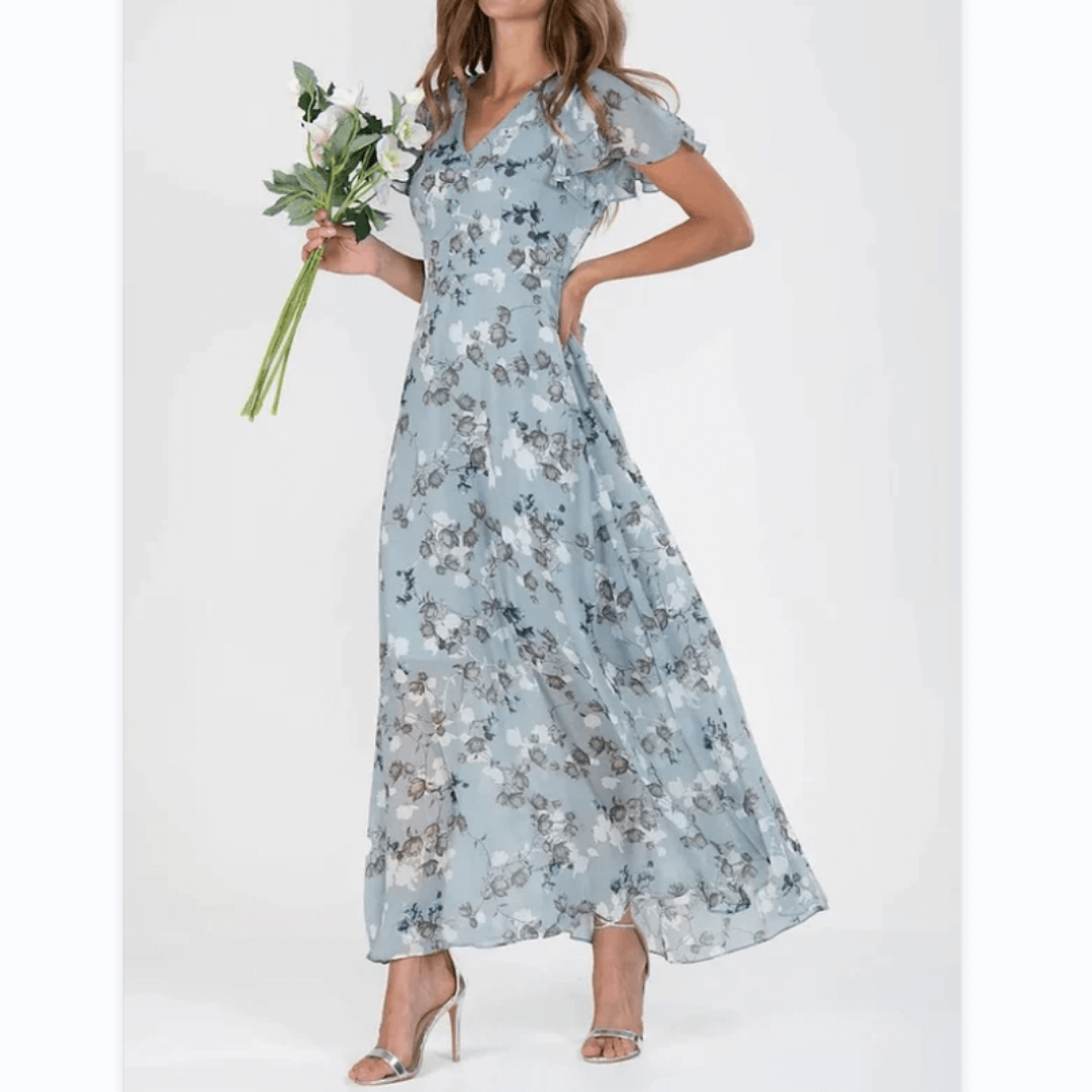 Women's V Neck Floral Short Sleeves Dress | Midi