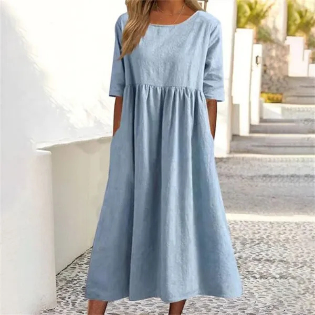Women's A-Line 3/4 Sleeve Round Neck Summer Dress | Midi