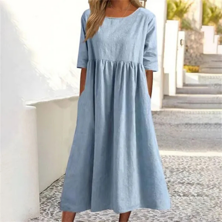 Women's A-Line 3/4 Sleeve Round Neck Summer Dress | Midi