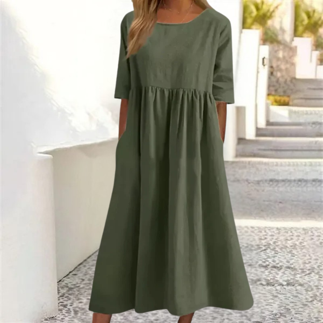 Women's A-Line 3/4 Sleeve Round Neck Summer Dress | Midi