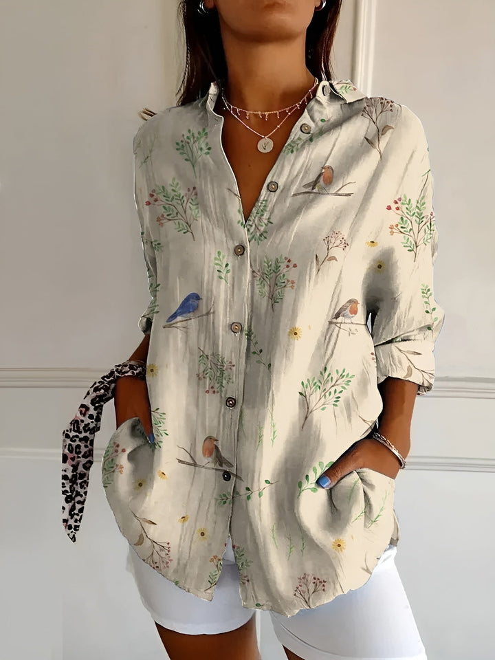 Women's V-neck Button-down Shirt  | Long Sleeved