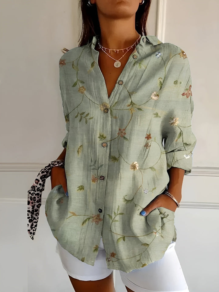 Women's V-neck Button-down Shirt  | Long Sleeved