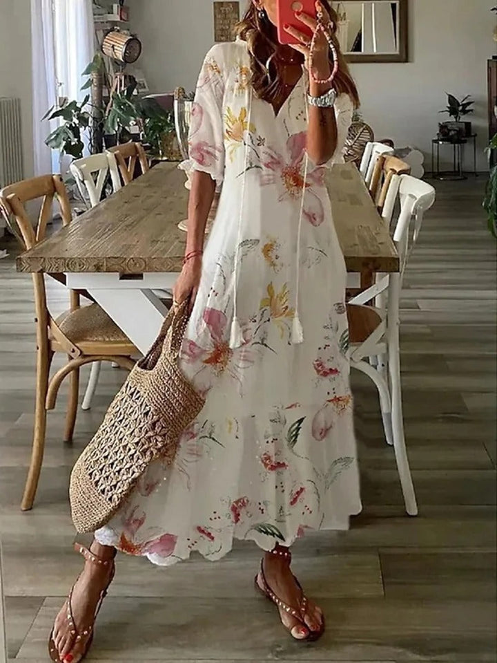 Women's Half Sleeves V Neck Boho Summer Dress | Midi
