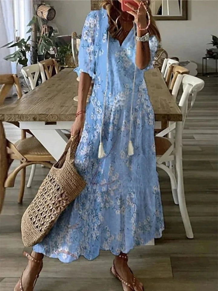 Women's Half Sleeves V Neck Boho Summer Dress | Midi