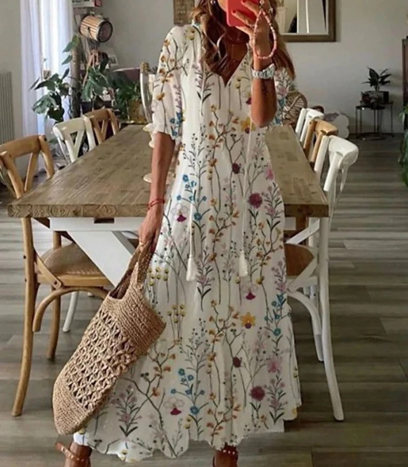 Women's Half Sleeves V Neck Boho Summer Dress | Midi