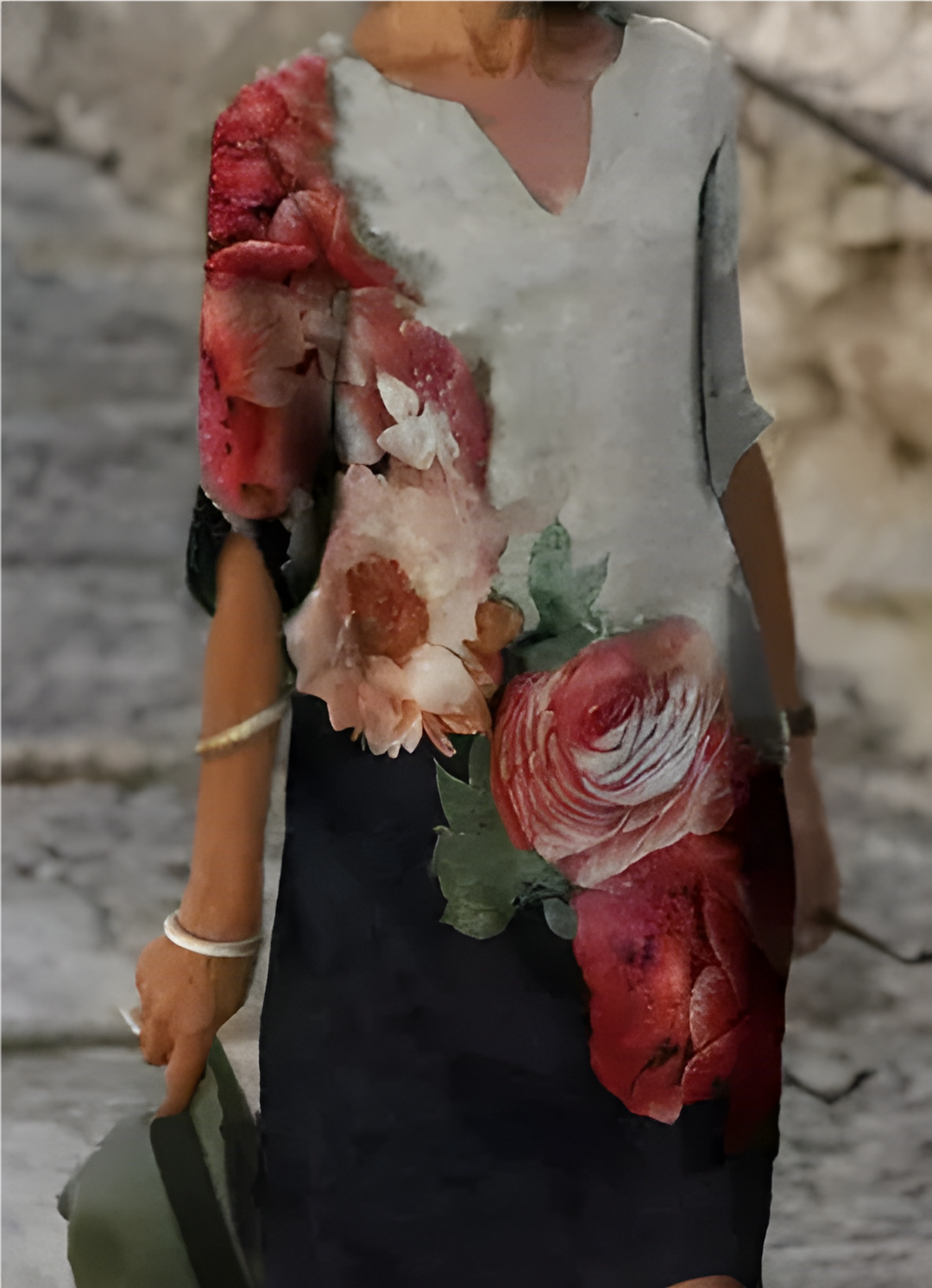 Women's Printed 3/4 Sleeve V-Neck Summer Dress | Mini