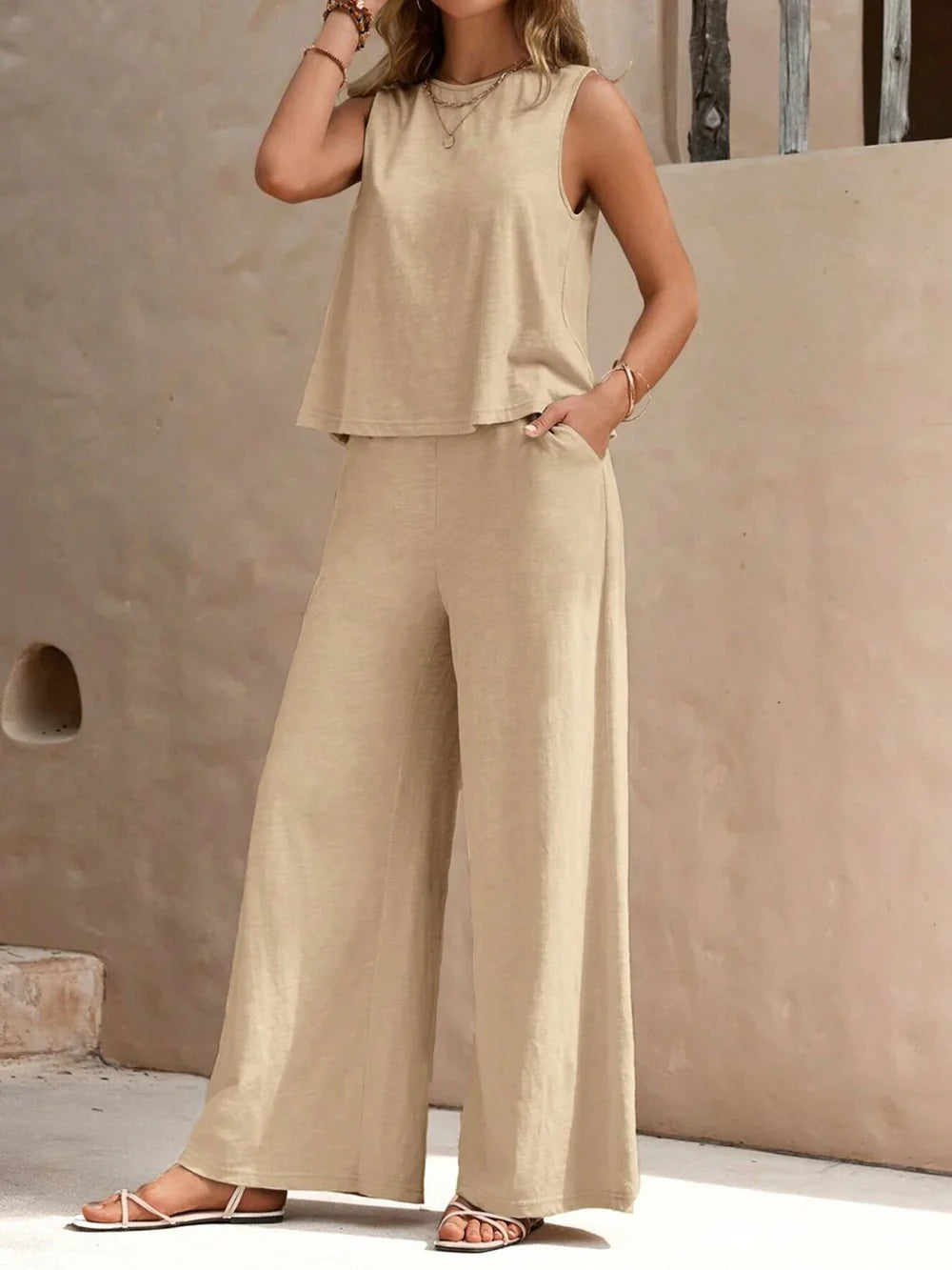 Women's Summer Casual Two-Piece Set | Sleeveless Top and Wide Leg Pants